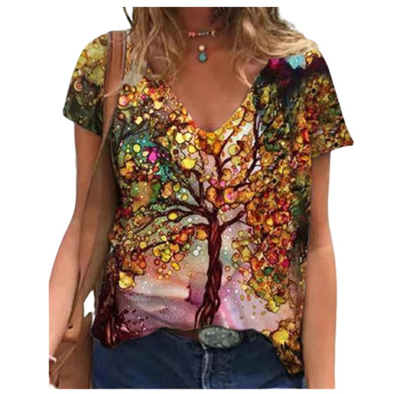 

5XL с принтом дерева, большие размеры, 2021, женские свободные футболки с v-образным вырезом, короткими рукавами, летние повседневные футболки, женские уличные футболки большого размера 8XL