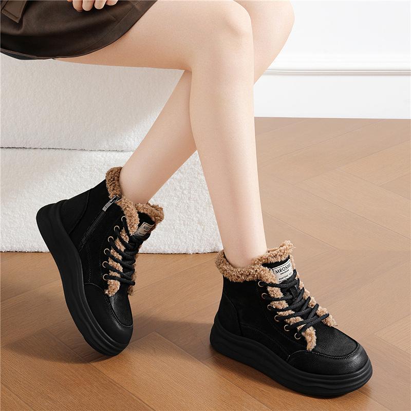 Martin boots casual leather boots women's new winter plush thickened wool cotton shoes black platform snow boots