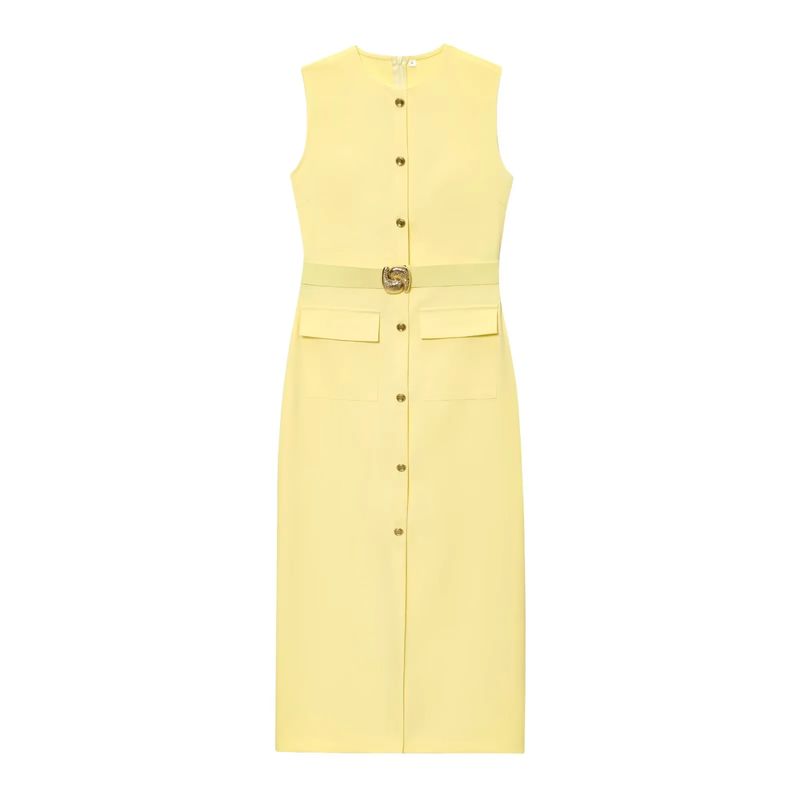 Spring New Women's Clothing Breasted Decoration with Belt Crepe Sleeveless round Neck Midi Skirt Dress 3897054