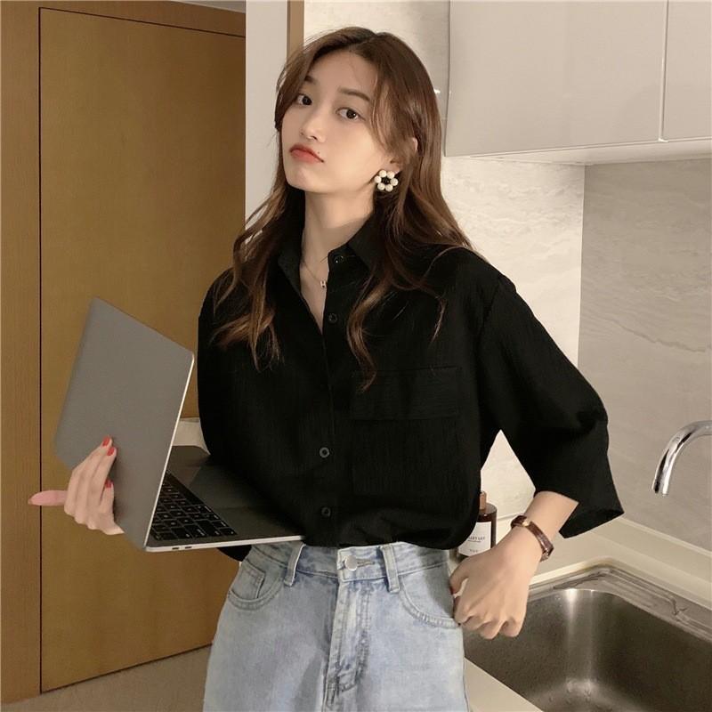 Women's Summer Design Pleated Seven Sleeve Shirt Slouchy Style Loose Vintage Tops