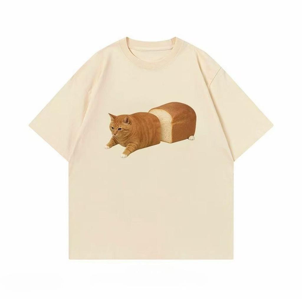 Summer Loose Funny Bread Cat Print Tshirt Unisex Oversized Cotton Short Sleeve Tee Harajuku Streetwear Casual Summer Tops