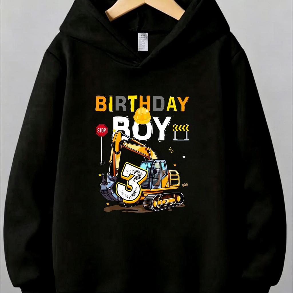 New Christmas hooded sweatshirt for boys, birthday theme, cartoon construction vehicle patterncasual jacketChildren's Day gift.