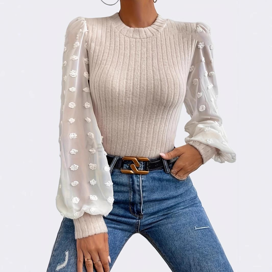 

Женский весенне-осенний повседневный топ-футболка с круглым вырезом, сетчатыми длинными рукавами и полосками в рубчик M