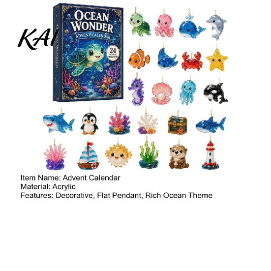2D Flat Acrylic Pendants Ocean Advent Calendars 2026, Marine Themed 24 Days Christmas Countdown Calendar, Holiday Surprise Gift Box Sea Animal