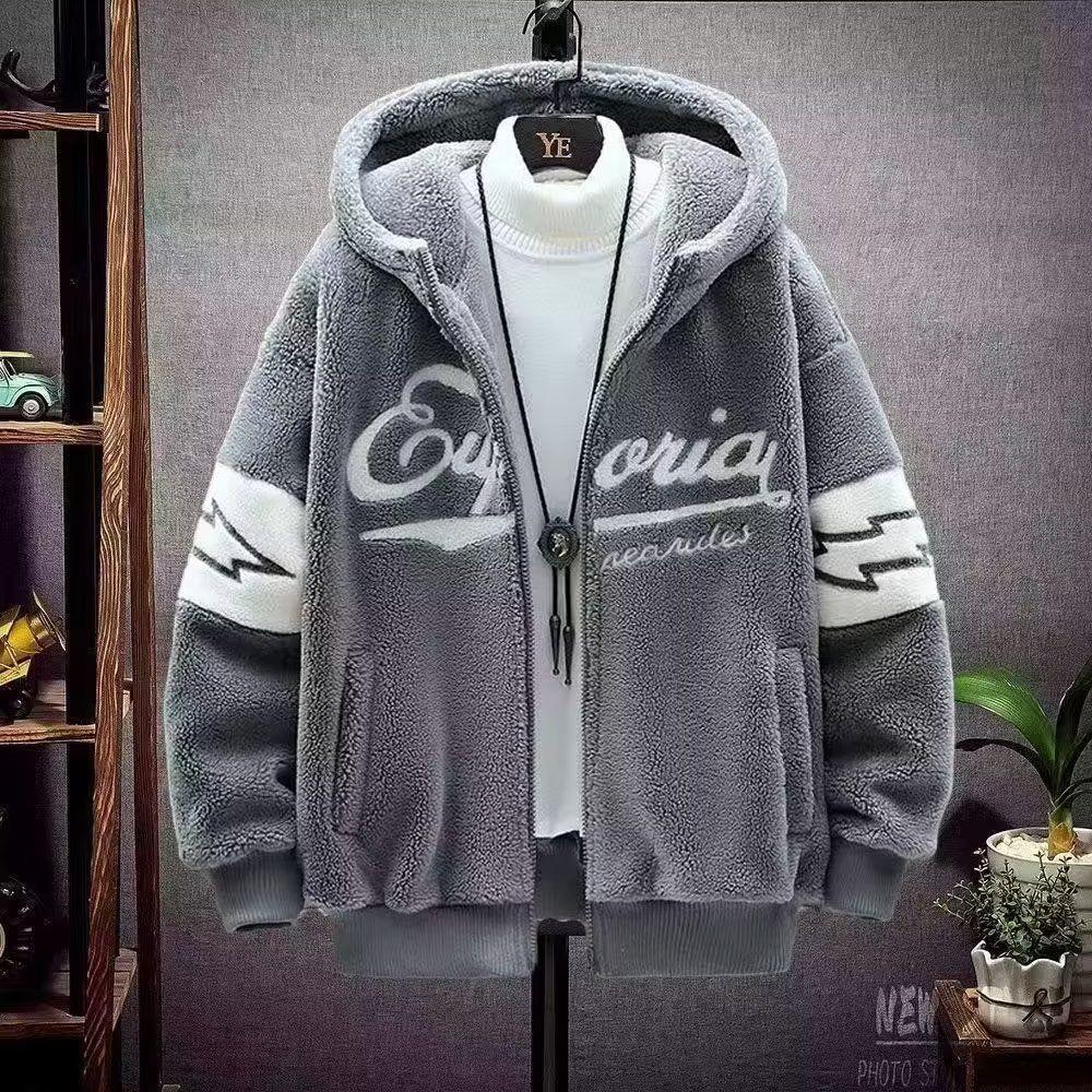 

Men s Trendy Hooded Cotton Jacket - Lambswool, Plus Size, Autumn/Winter, Hong Kong Style, Loose Fit, Casual, Warm, Couple s Outerwear 3XL (75-85 kg)