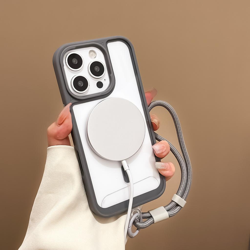 Applicable to iPhone16promax mobile phone case transparent magnetic suction Apple 15 adjustment hand rope acrylic anti-drop protection