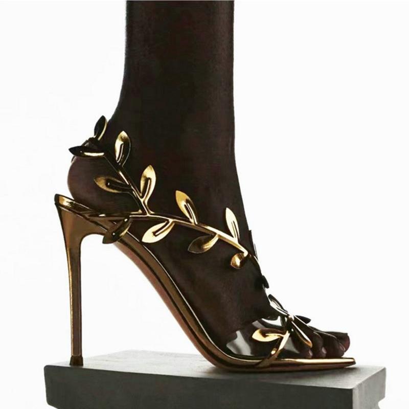 Fashion New Summer European Style High Heels Pointed Head Gold Leaf Sexy All Matching Slim Heel One Line With Comfortable Sandals