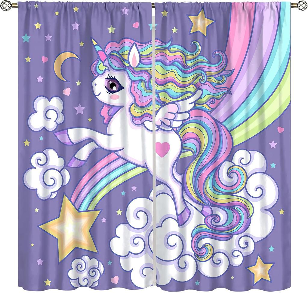 Kids Unicorn Curtains Purple Cartoon Rainbow Room Boys Girls Baby Decor Living Blackout Made Of Polyester Window Treatment