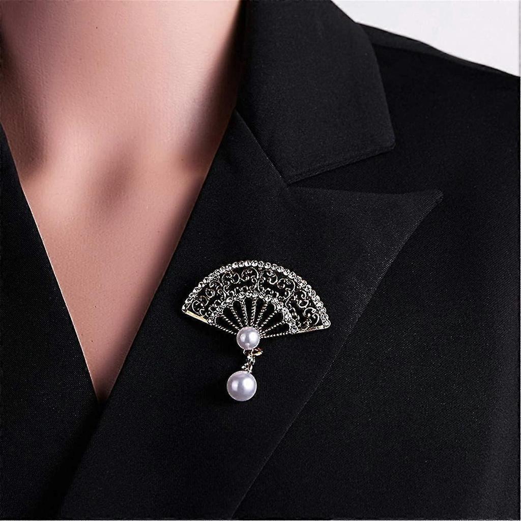 Crystal Pearl Fan Shaped Brooches Pins Christmas Wedding Gift for Women - DD01
