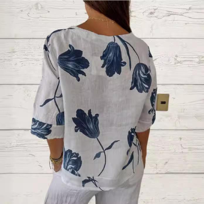 GMXIA Printed Cotton and Linen V-neck Short-sleeved Pullover Shirt