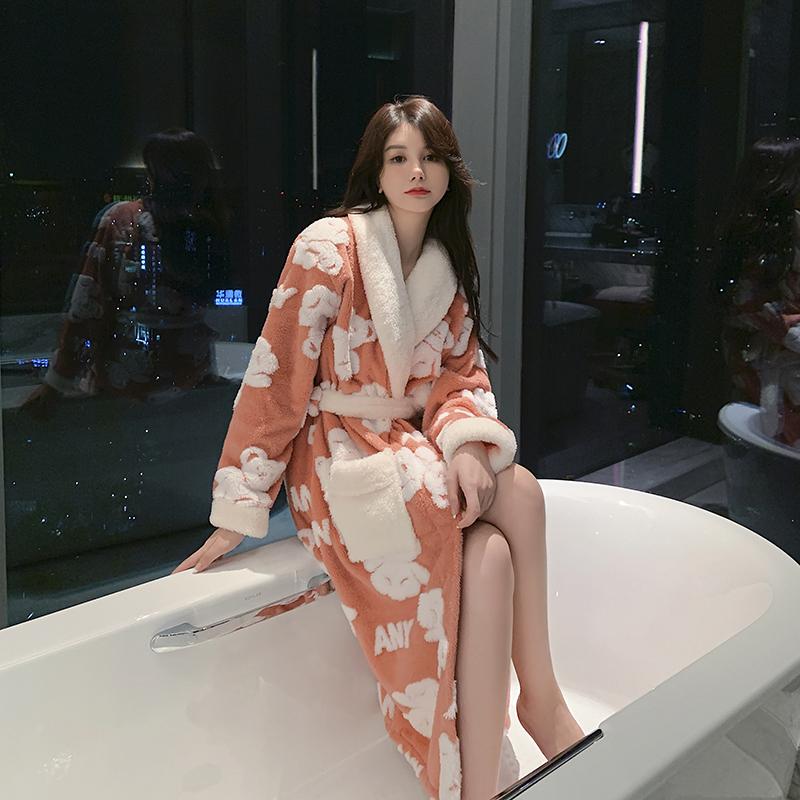 Kontrastní barva Jednoduché Zimní Nové Dámské Pyžamo Sladké a Šik Zesílené Teplé Dámské Flanelové Pyžamo s Dlouhým Rukávem