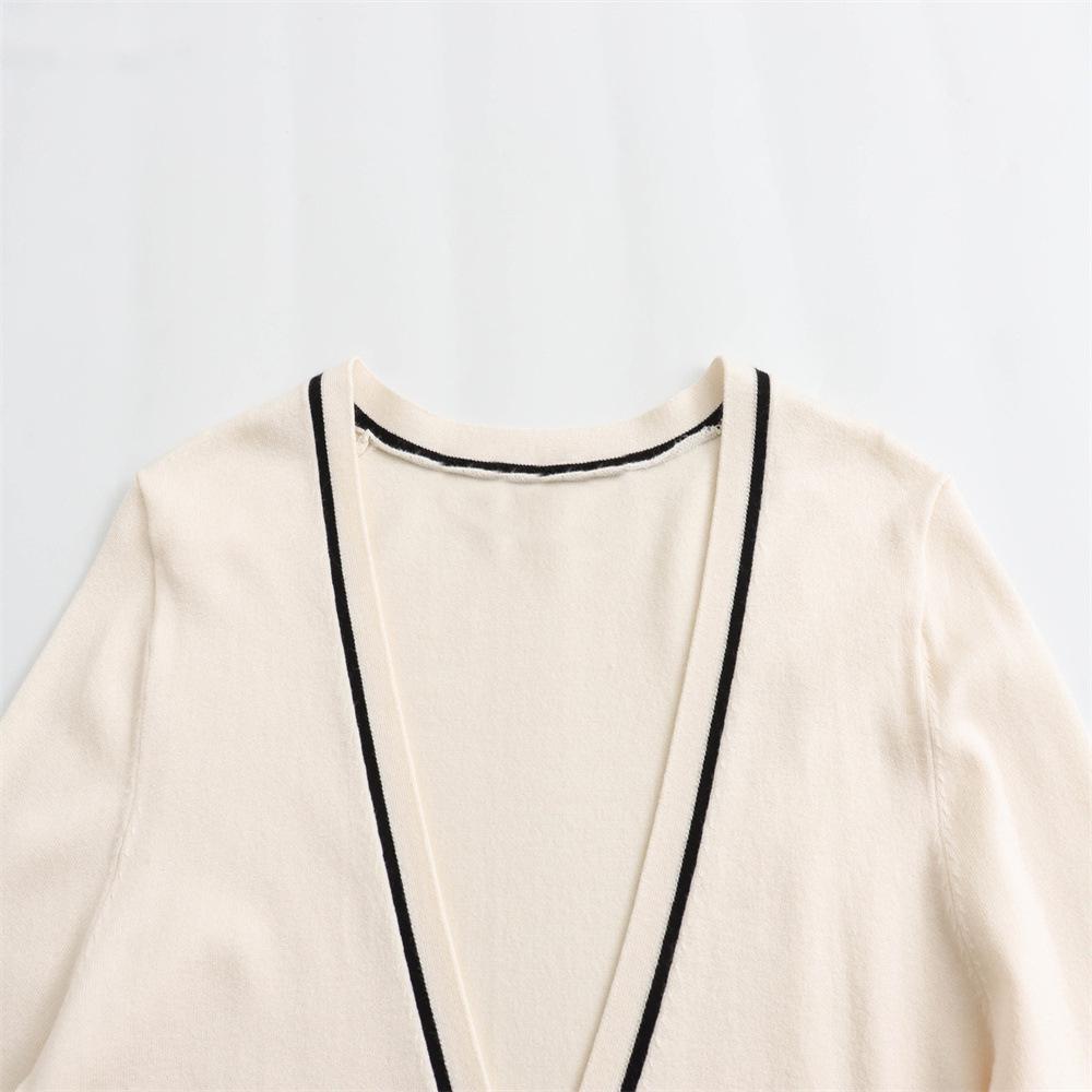 Women's French Style V-Neck Color Block Knit Cardigan Sweater 2024