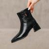 Autumn and winter women's medium boots low heel large size women's boots side zipper solid color square heel square head Korean version of the new med