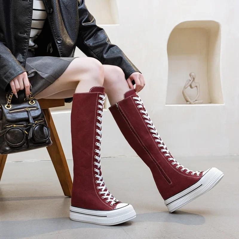 

13СМ Каблуки Женские Холщовые Ботинки Повседневные Высокие Кроссовки Длинные Ботинки На Шнуровке Молния Удобные Ботинки на Плоской Подошве Кроссовки Botas Para Mujer 33 красный