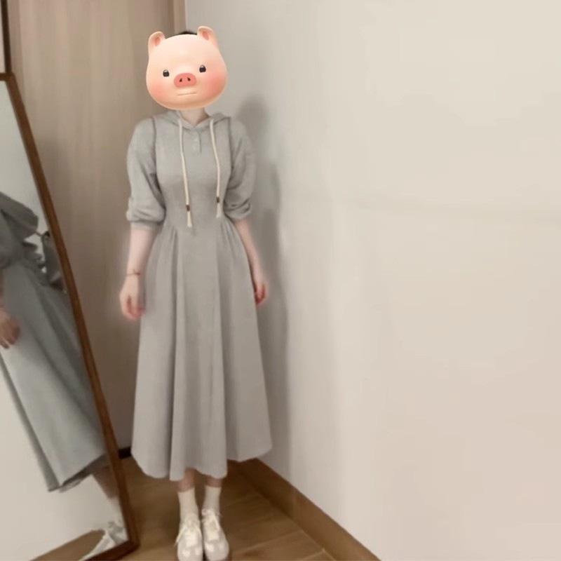 Petite Gray Hooded Long-Sleeve Dress for Women - New Autumn/Winter 2026 Korean Style Long Hoodie Dress