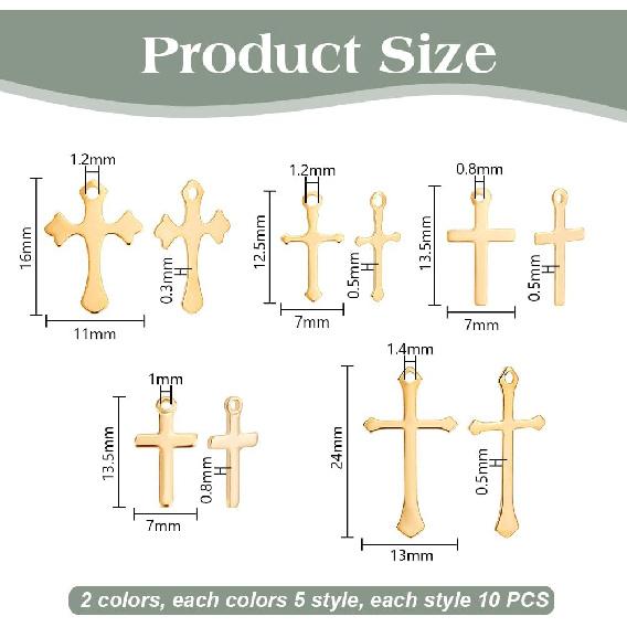PH PandaHall 100pcs Cross Pendant Cross Dangle Charms, 5 Styles Brass Cross Pendant 12~24mm Mini Findings Charms for Easter Necklace Bracelet
