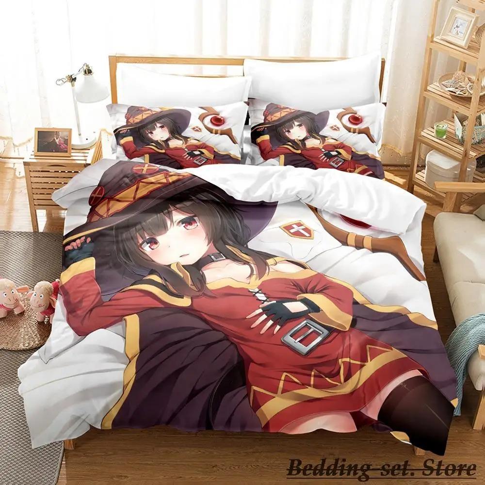 KonoSuba Bedding Set Cartoon Anime Three-piece Set Adult Kid Bedroom Duvetcover Sets 3D Kawaii Girls Lit 2 Personnes