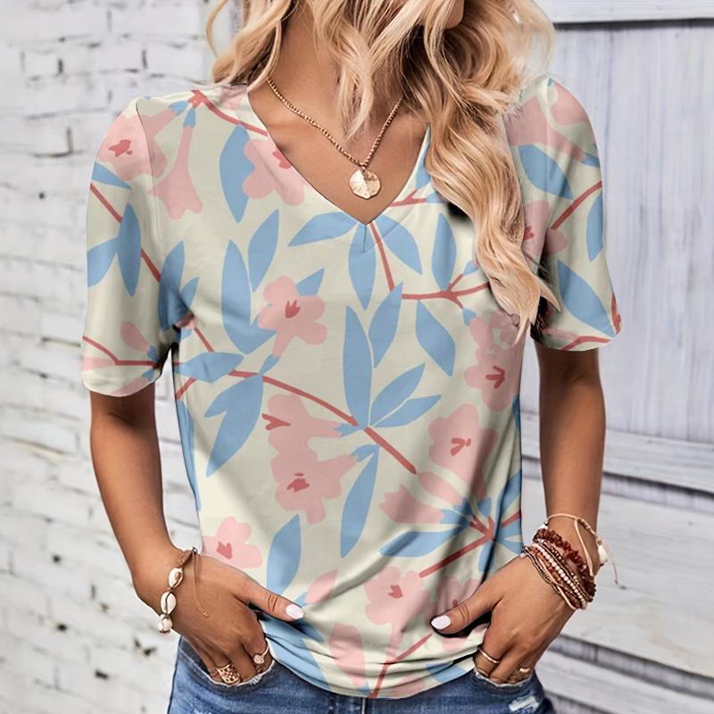 Fashionable summer leaf 3D printed women's V-neck short sleeved shirt