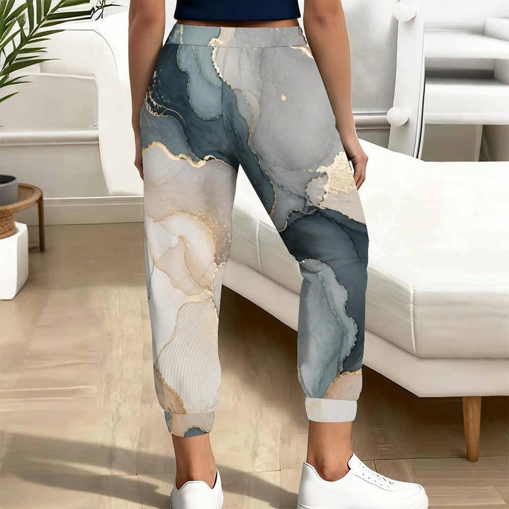 Women Plus Size White Abstract Printed Jogger Pants Drawstring Waist Side Pockets Cuffed Ankle