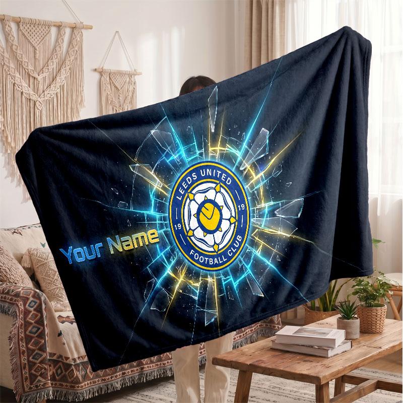 Leeds United Personalized Fleece Blanket With Football Logo, Custom Name Text Soft Warm Home Throw Blanket