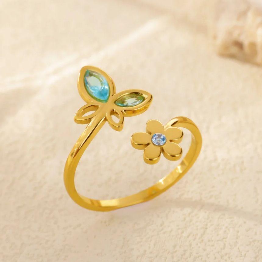 Elegant Zircon Flower Butterfly Rings For Women Gold Stainless Steel Flower Adjustable Ring Wedding Christmas Jewelry Gift