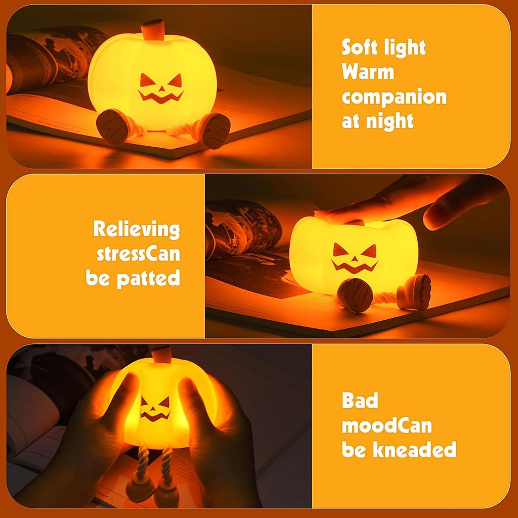 Pumpkin Night Light Cute LED Lamp Silicone Dimmable Nursery Nightlight for Kids Silicone Rechargeable Bedside Touch Lamp Halloween Decor