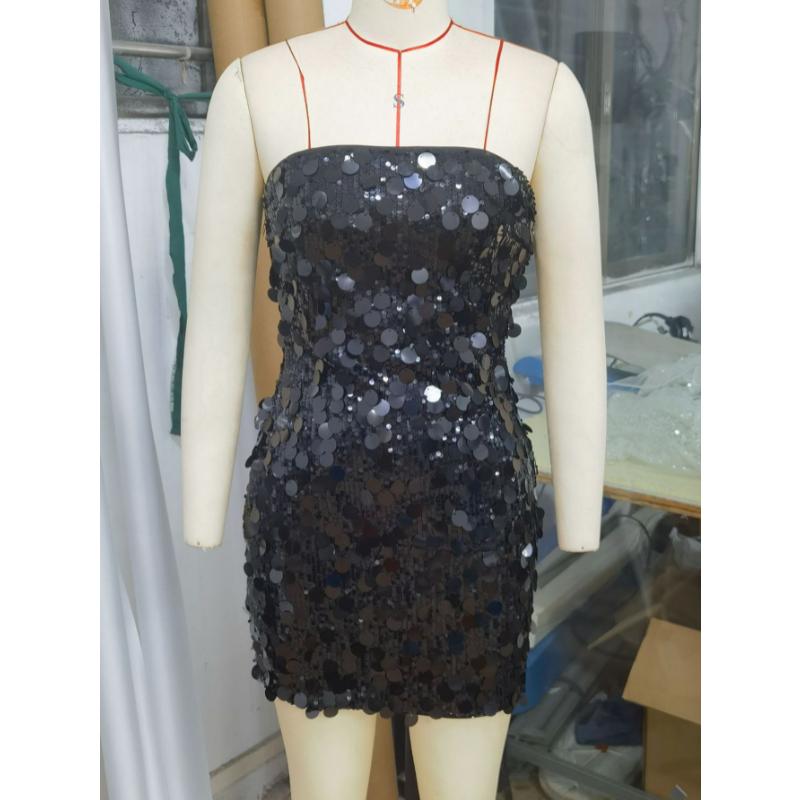 Gold Sequin Strapless Mini Dress Large Paillette Backless Bodycon Short Gown Sexy Metallic Tube Top Sleeveless Nightclub Party Cocktail Evening Dress