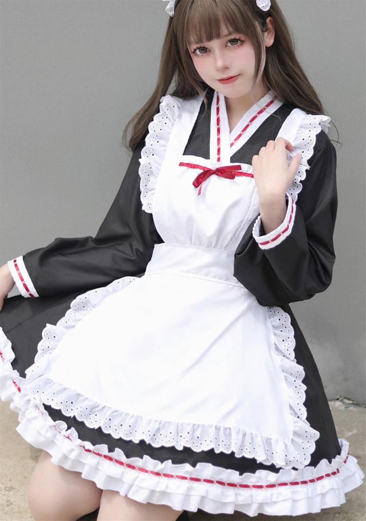 YZZYQQ Cute Maid Costume, Cosplay Set, Women's, Cute Cosplay Dress, Japanese-Style Maid Outfit, Long Sleeves, Chinese Style, Black, Size XL