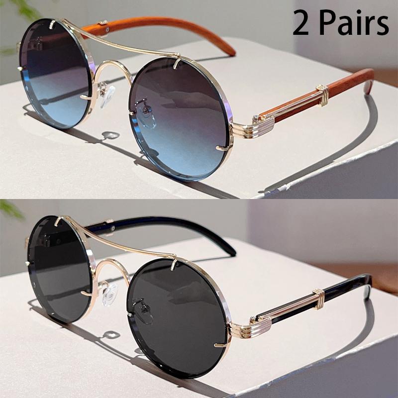 2 Pairs Vintage Round Sunglasses Men New Fashion Gradient Multicolor Casual Shades Women Luxury Design Double Bridge Sun Glasses