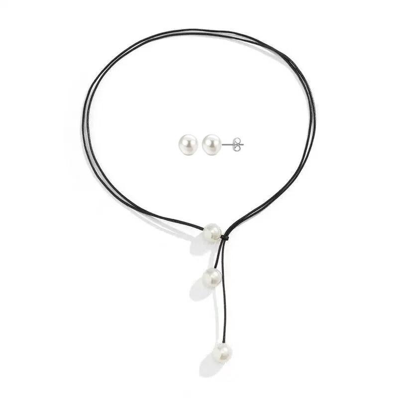 

Faux Pearl Necklace and Earring Set , Simple Elegant Design , Versatile for Daily Office Party Wear чёрный