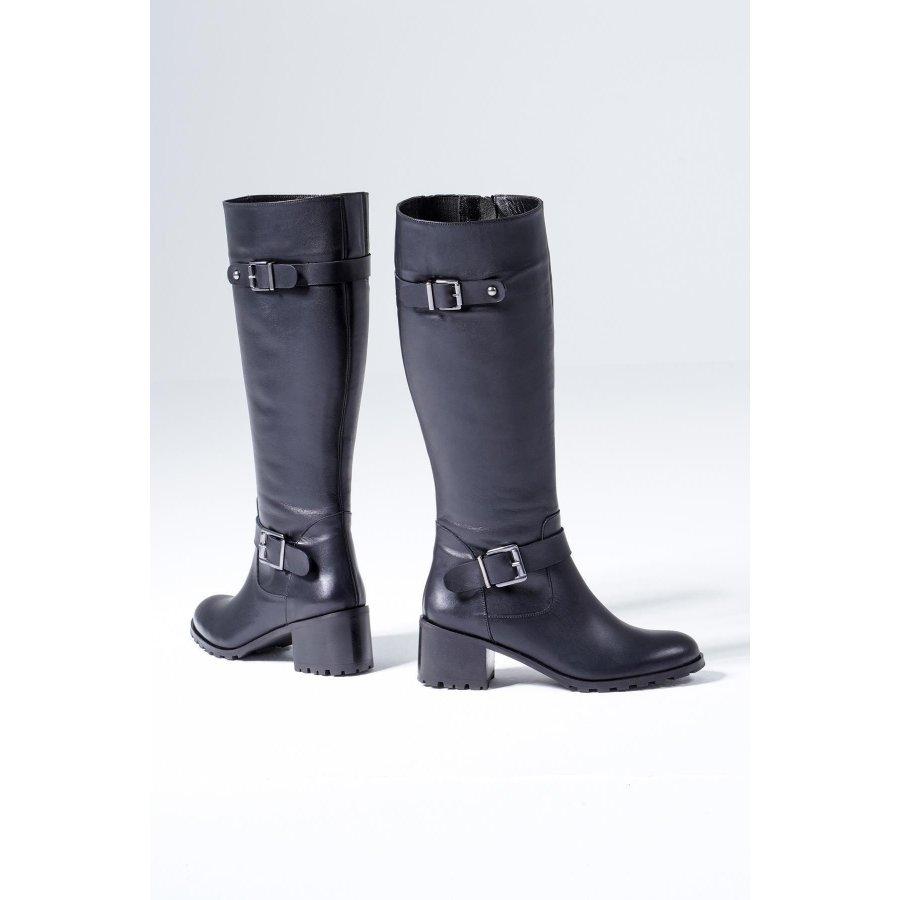 Kniehohe Damenstiefel aus echtem Leder mit Schnalle und mittlerem Absatz