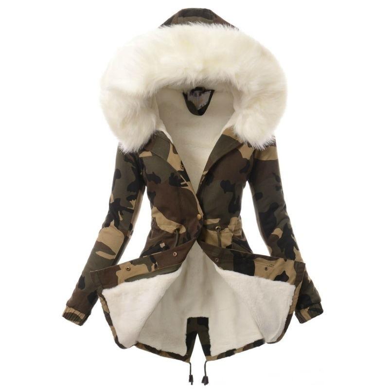 

Winter Warm Fashion Womens Camouflage Print Hooded Parka Coat Casual Outwear Military Hooded Fur Coats S білий