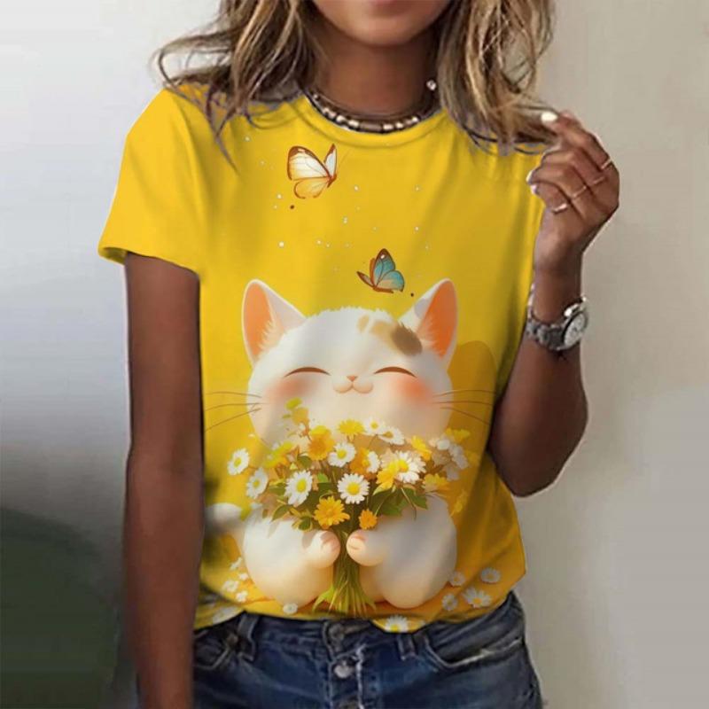 Tricou drăguț cu imprimeu de pisică pentru femei, vară, cu gât rotund, top cu mâneci scurte, ocazional, îmbrăcăminte de dimensiuni mari, Kawaii, animal pentru femei, tricouri