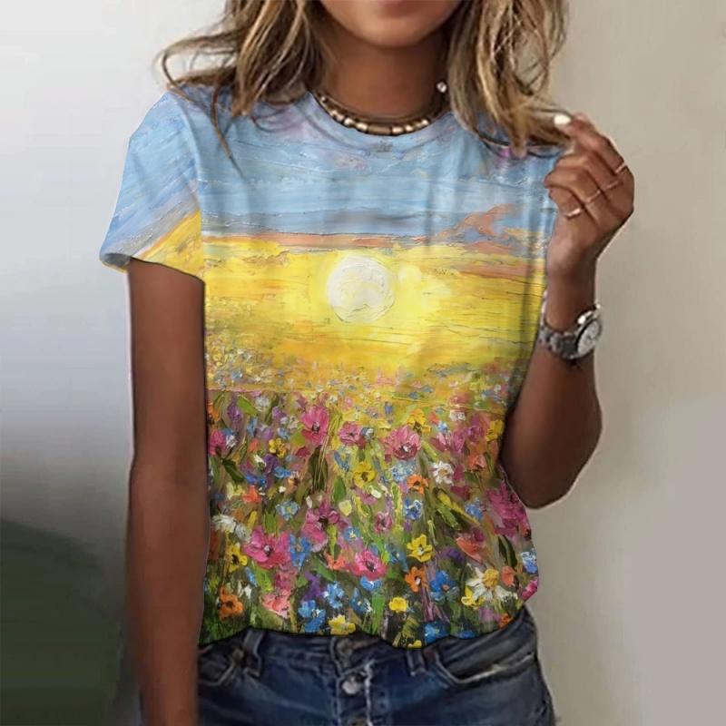 Ocean Sun Trees Flowers Pattern 3D Printed T Shirt For Women Short Sleeves Tees Summer Casual Loose T-Shirts Street Tops