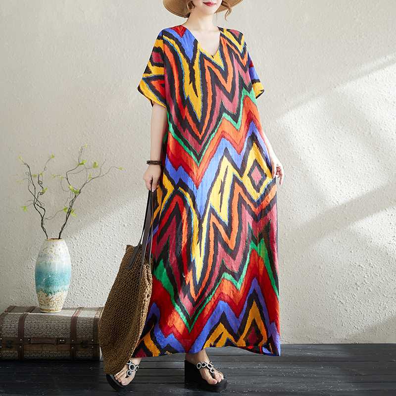 

Summer Cotton and Linen Printed Loose and Simple Long Skirt Thin One size