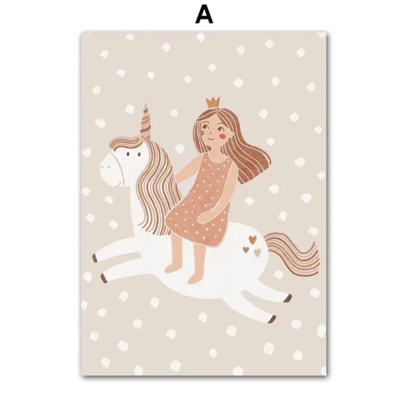 Boho Cartoon Girls Horse Rainbow Heart Wall Art Nordic Posters Pictures For Kids Room Home Decor Nursery Canvas Prints Painting