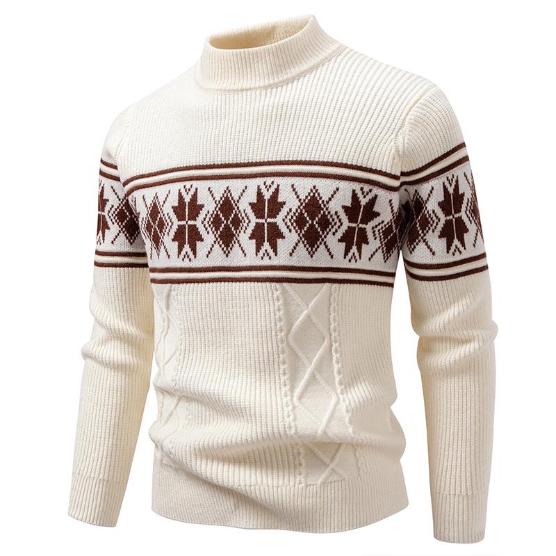 2025 Men s Retro Jacquard Half-High Collar Knit Sweater XL белый