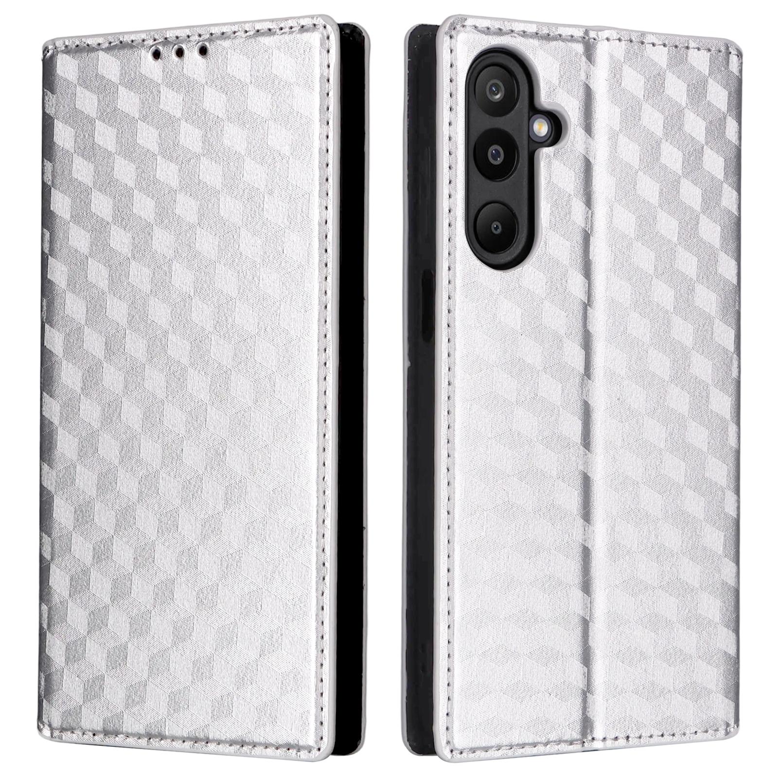 

For Samsung Galaxy M16 5G/F16 5G Case Wallet Rhombus Imprinted Leather Phone Cover Silver