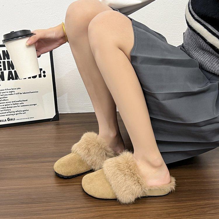 2025 Autumn and Winter New Outer Wear Bag Head Fluffy Slippers Women's Round Head Flat Bottom Half Slippers Plush Fluffy Women's Shoes