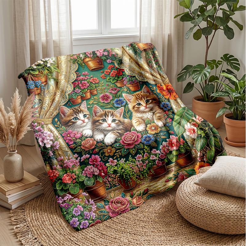 Floral Garden Cat Theme blanket Lightweight Warm Flannel Blanket Decorative Throw Blanket for Home Decoration