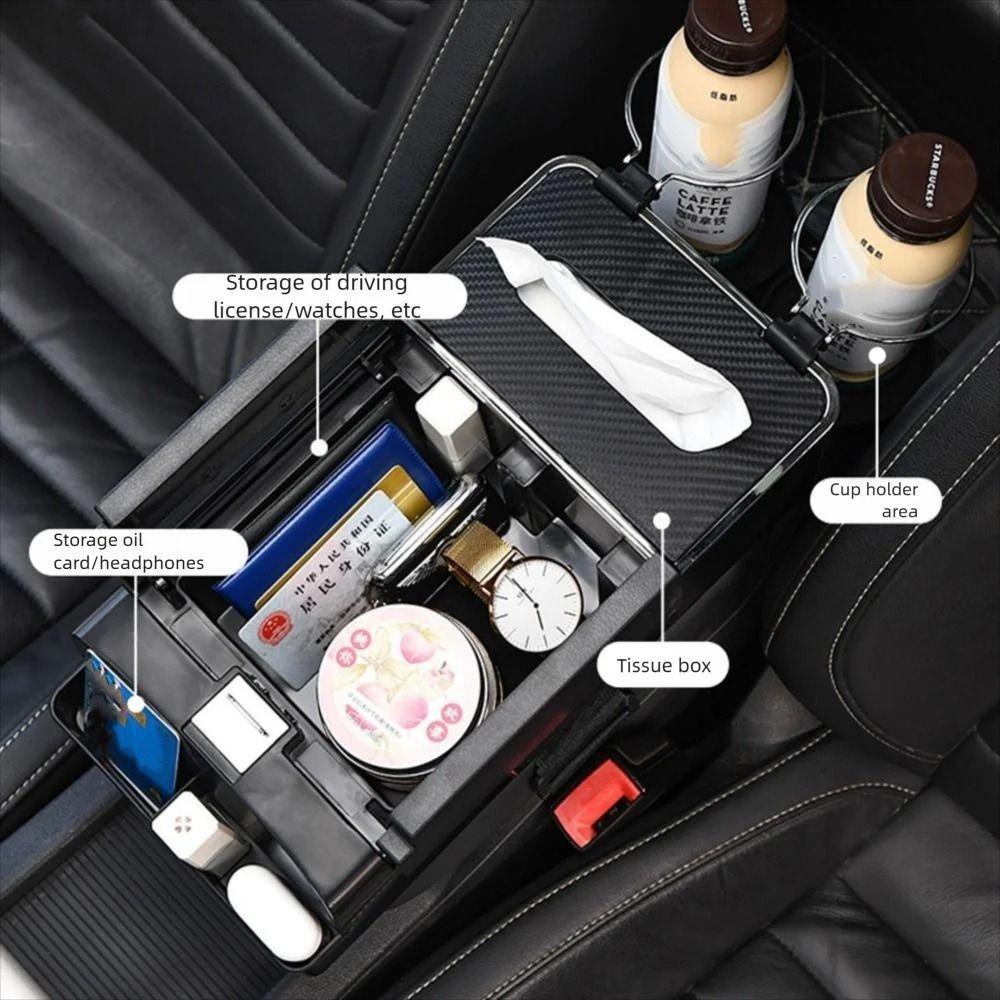 Wear Resistant Car Armrest Holder Easy to Install One-click Opening Car Mounted Tissue Box with Cup Holder Car Elbow Support Pad