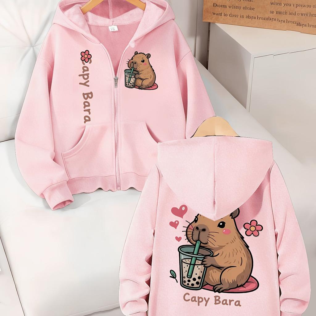 Felpa con Cappuccio e Stampa di Lettere Capibara per Ragazze – Stile Casual e Sportivo per Ragazze Più Grandi – Elegante Felpa con Zip per Primavera, Autunno e Inverno