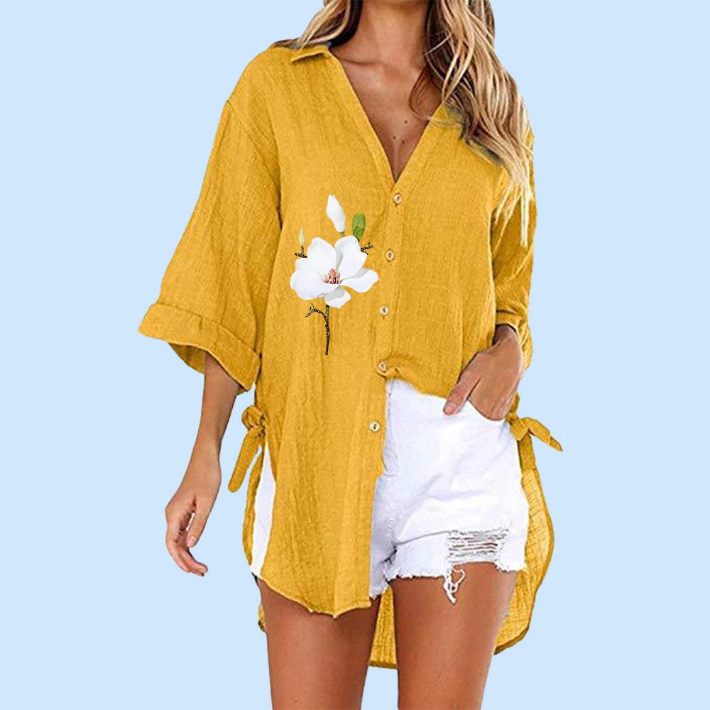

Женская модная рубашка с цветочным принтом больших размеров, летняя и осенняя повседневная футболка с коротким рукавом, женские свободные длинные блузки с v-образным вырезом на пуговицах 5XL жёлтый