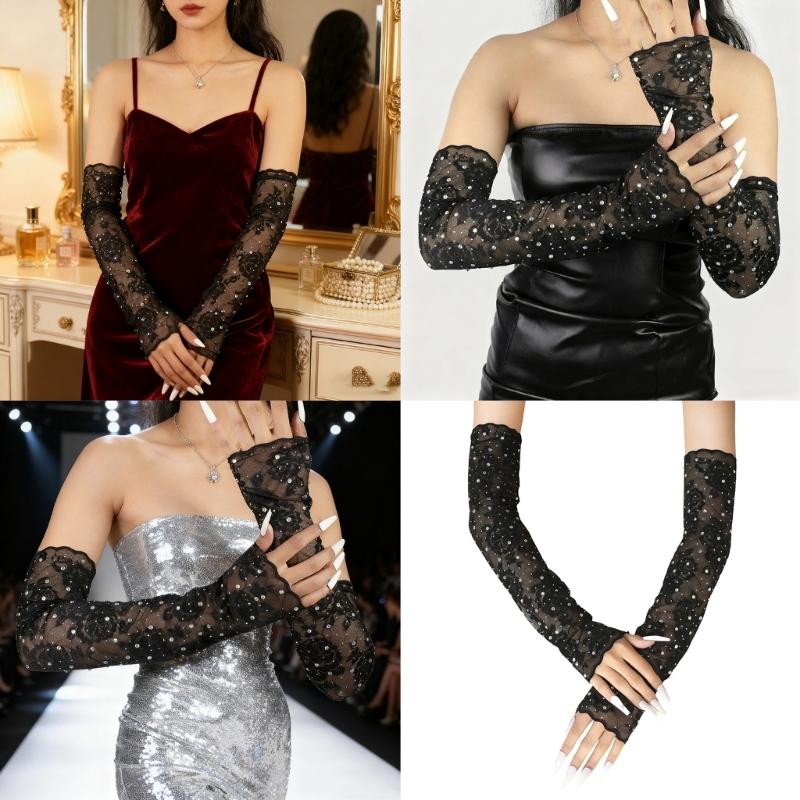 Eleganti Maniche Nere Ricamate Tessuto Traspirante Guanti Senza Dita Evento Formale Accessorio di Moda Quotidiana