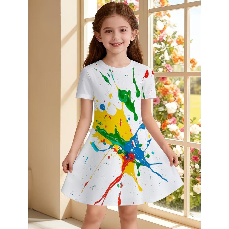 Dress for Girls Tie-Dye Multicolor Graffiti 3D Print Round Neck Colorful Dress Casual Summer Short Sleeve