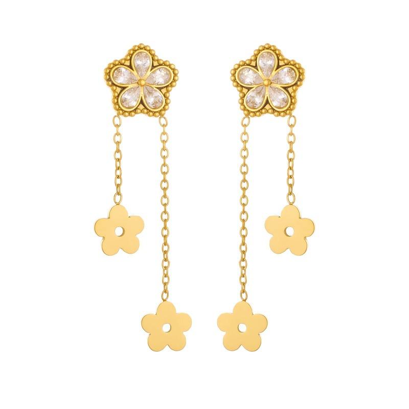 Gold Crystal Flower Drop Earrings with Dangling Floral Charms