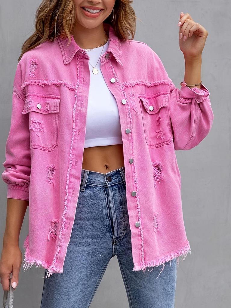 Women's Ripped Denim Jacket - Solid Color, Loose Fit, Long Sleeve, European & American Style