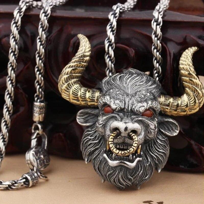 Collana con ciondolo a forma di testa di toro nordico punk retrò per uomo, gioielli classici con personalità animale