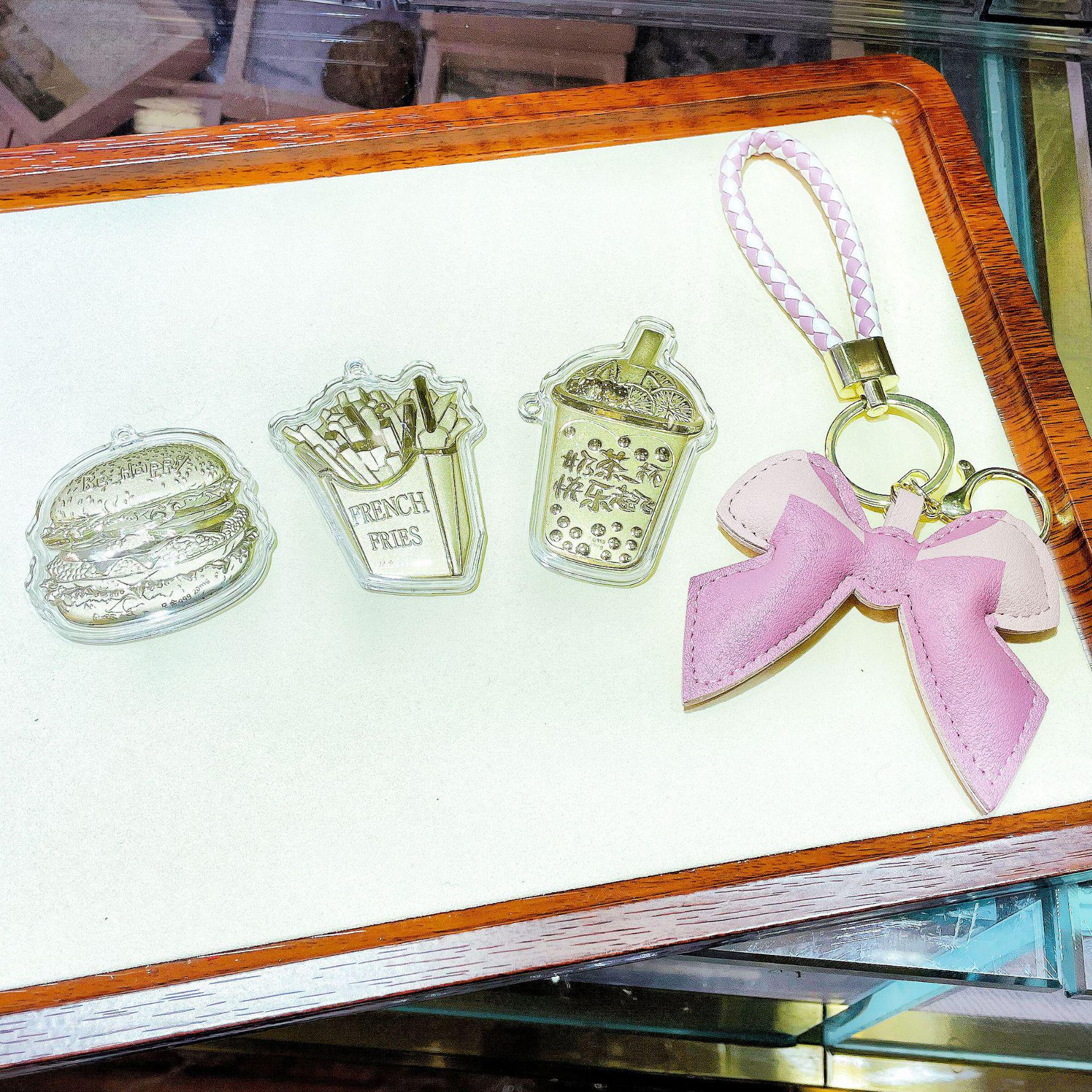 Pure Gold 999 Hamburger, Fries & Milk Tea Keychain - 20mg Handicraft Pendant for Phones & Bags