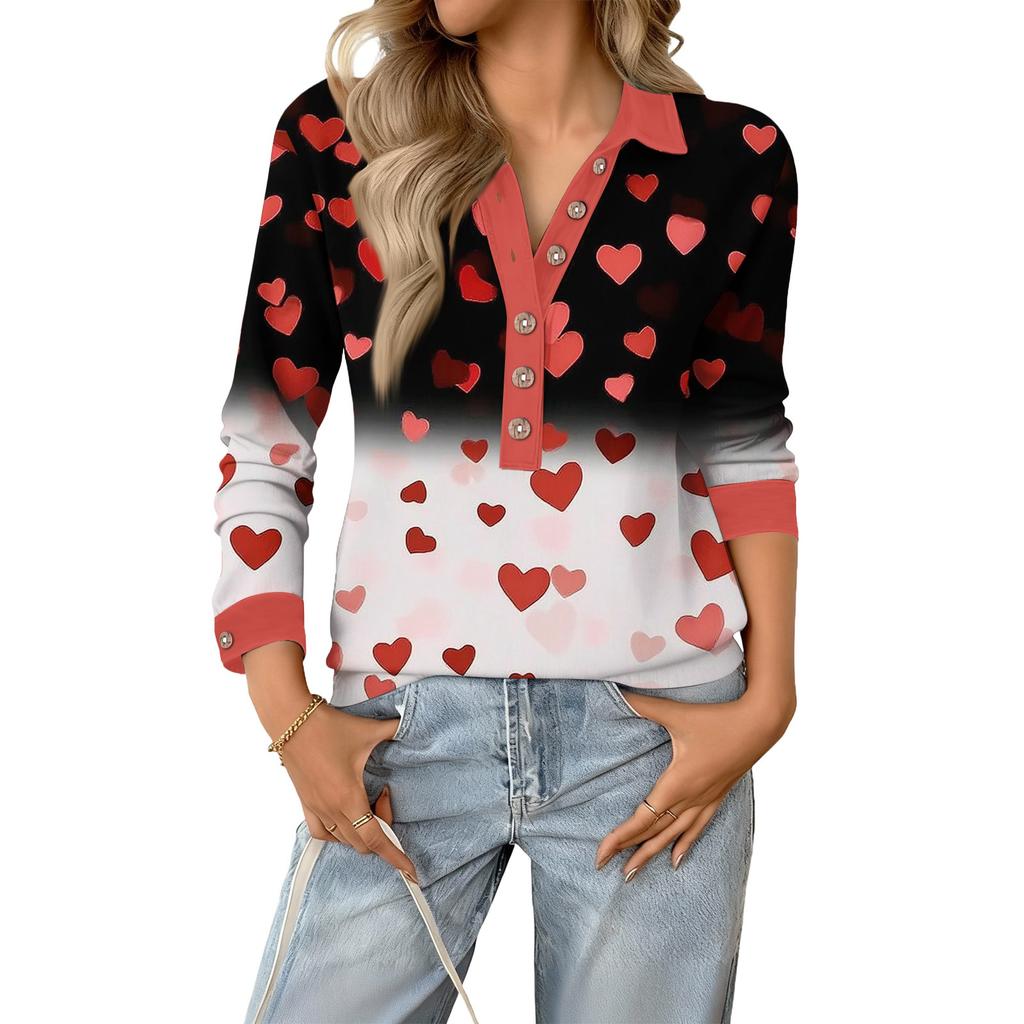 Damen Retro Street Lässiger V-Ausschnitt Langarm Knopf Valentinstag Herz Pullover Top